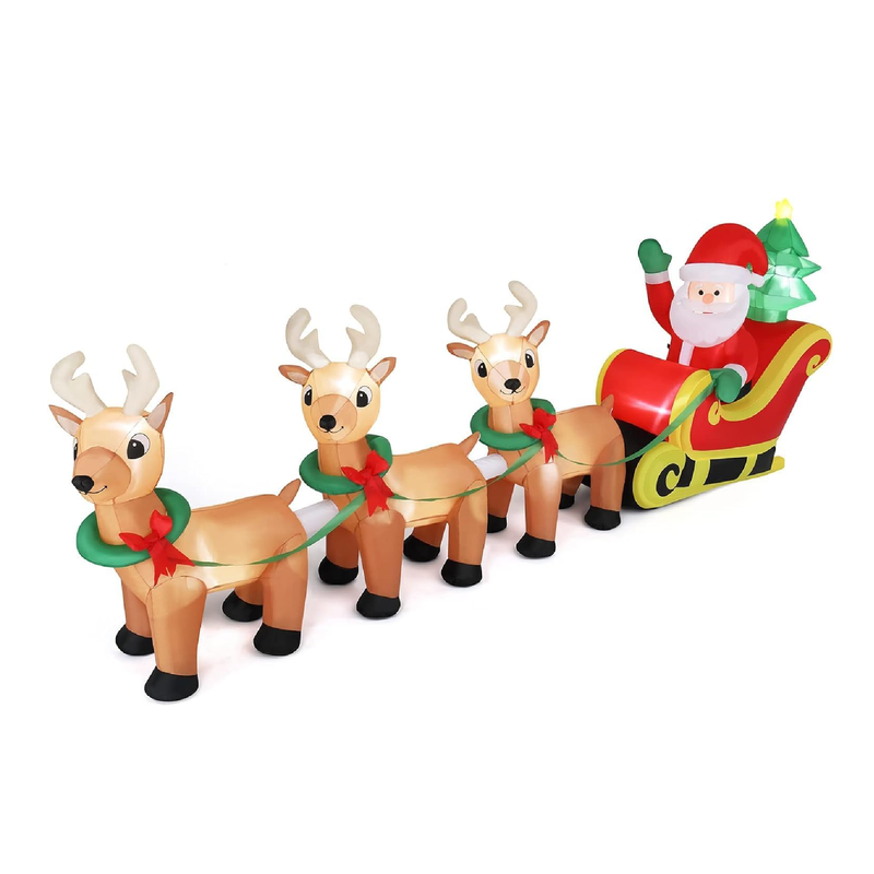 VINGLI 10ft Long Christmas Santa Claus Sleigh Inflatable, Blow Up Christmas Santa Claus Sleigh & Reindeer Outdoor Decorations with Secure Stakes