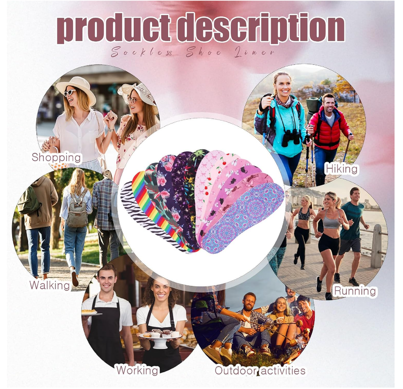 12 Pairs No Show Socks Sockless Shoe Liner Washable Barefoot Shoe Insoles No Slipping Inserts for Women Man