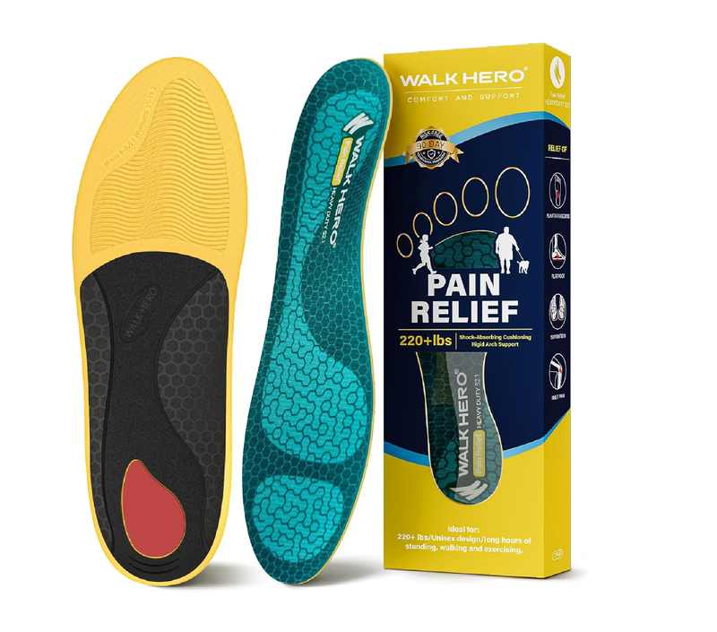 WalkHero Heavy Duty High Arch Support Insoles, 220+lbs High Arch Support Orthotics Inserts for Plantar Fasciitis,