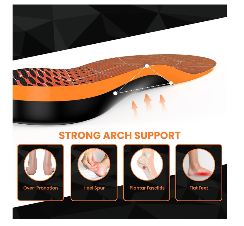 Welnove Heavy Duty Support Orthotics for High Arch & Flat Feet - Plantar Fasciitis Insoles