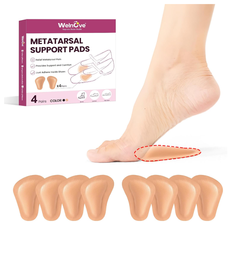 Welnove Metatarsal Pads for Women Men - 4 Pairs Leather Ball-of-Foot Cushions for Forefoot Support