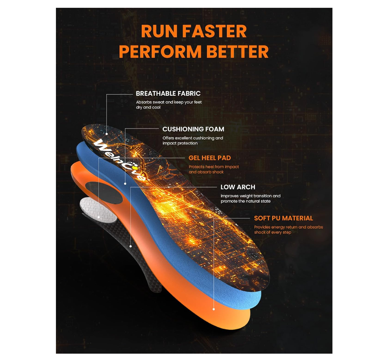 Welnove Performance Running Insoles for Men & Women - Shock Absorption Athletic Shoe Inserts with Low Arch Support,