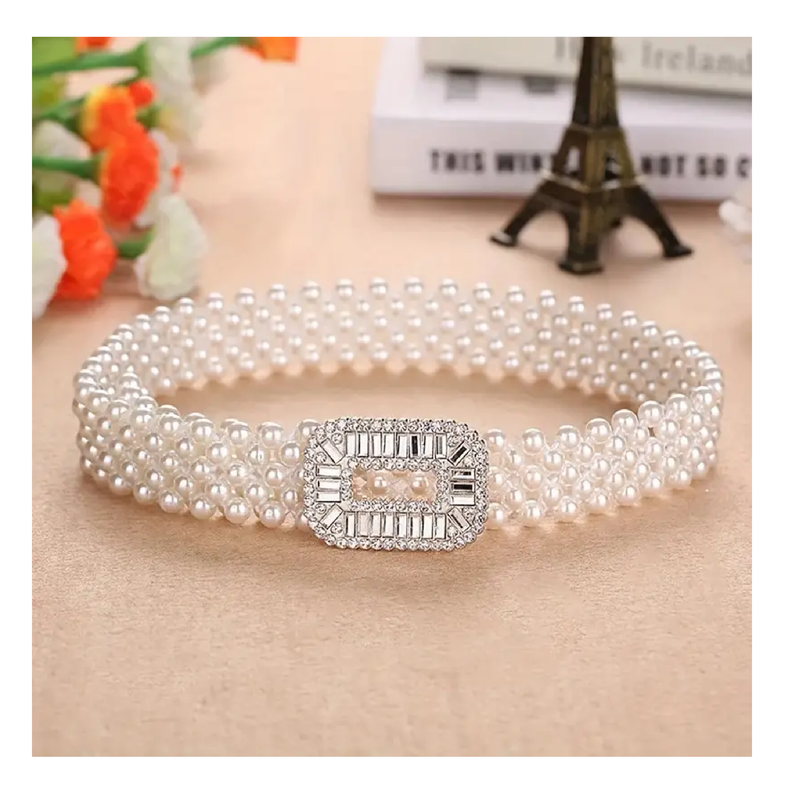 White Faux Pearl Waist Chain For Women Elegant Elastic Waistband Hollow Out Buckle Dress Girdle Chain Belts For Women