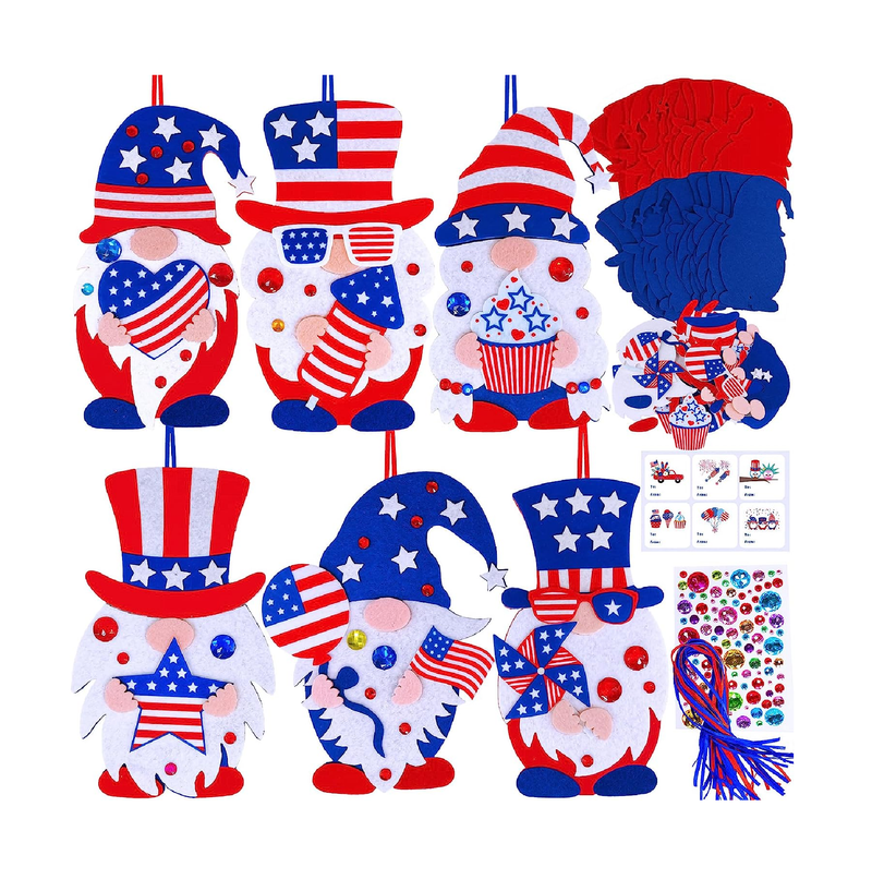 Winlyn 24 Sets Patriotic Craft Kits 4th of July Crafts Patriotic Gnome Ornaments Decorations Art Sets Felt Gnome Red White Blue USA Star Patriotic Stickers