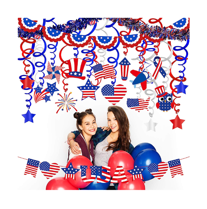 Winlyn Patriotic Red Blue White Party Decoration Patriotic Tinsel Garlands American USA Banner Foil Star String Hanging