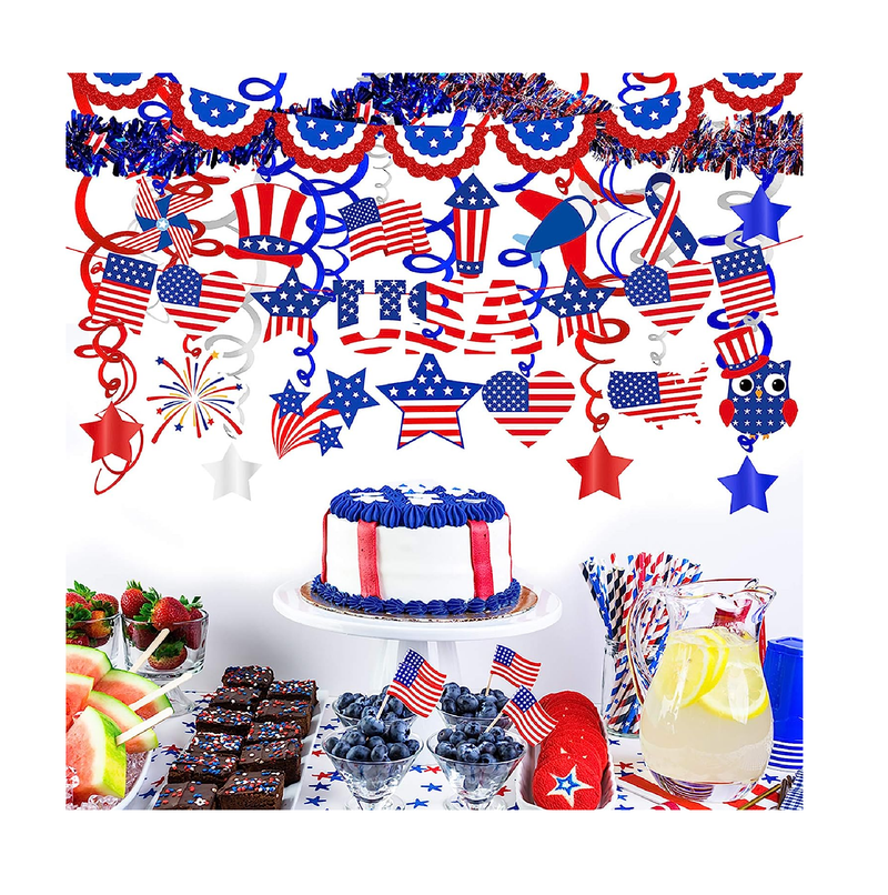 Winlyn Patriotic Red Blue White Party Decoration Patriotic Tinsel Garlands American USA Banner Foil Star String Hanging