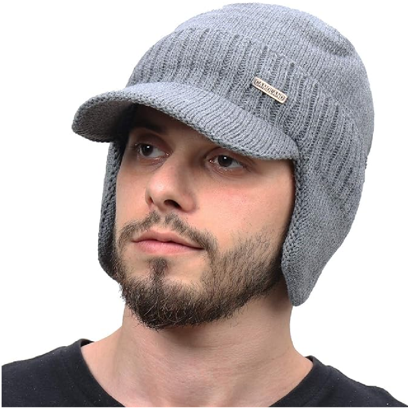 Winter Beanie w/Visor & Earflaps for Men Outdoor Fleece Hat Scarf Set