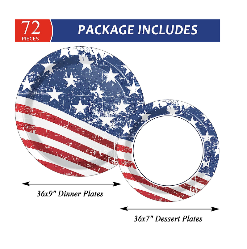 Wiooffen 72pcs American Flags 4th of July Party Dinner Dessert Plates Set Supplies Patriotic Paper Disposable Tableware Kit Holidays Birthday Decoration