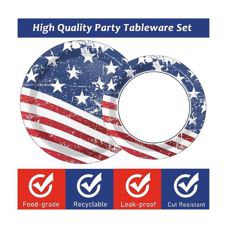 Wiooffen 72pcs American Flags 4th of July Party Dinner Dessert Plates Set Supplies Patriotic Paper Disposable Tableware Kit Holidays Birthday Decoration