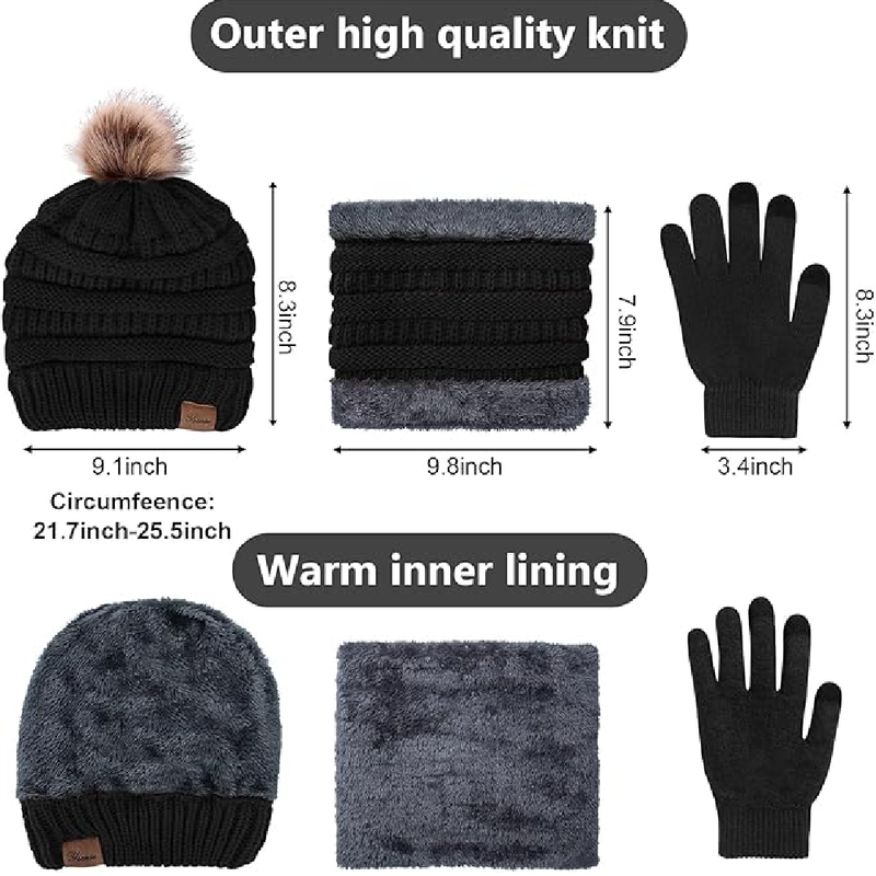 WomensWinterHatScarfTouchScreenGlovesSet3PcsWarmKnitFleece