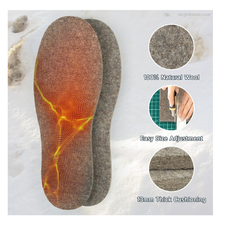 Wool Felt Insoles for Men and Women - 13mm, Thick Long-Lasting Breathable Shoe Inserts with Cushioning and Moisture-Control