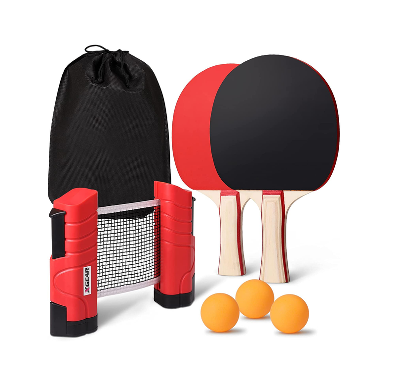 XGEAR Anywhere Ping Pong Equipment to-Go Includes Retractable Net Post, 2 Ping Pong Paddles, 3 pcs Balls, Attach to Any Table Surface