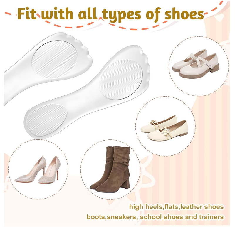 2 Pairs High Heels Inserts 3/4 Gel Cushion Insoles Clear Comfortable Shoe Support Non Skidding Self Adhesive