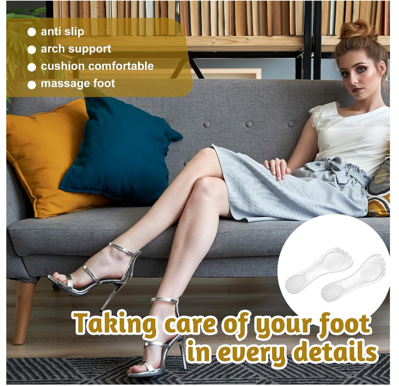 2 Pairs High Heels Inserts 3/4 Gel Cushion Insoles Clear Comfortable Shoe Support Non Skidding Self Adhesive