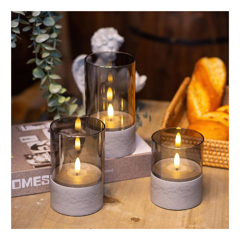 Yongmao Gray Glass Flameless Candles Battery Operated Flickering LED Pillar Candles Marbling Fake Candles with Timer for Home Decor D 3" H 4" 5" 6" (Set of 3)