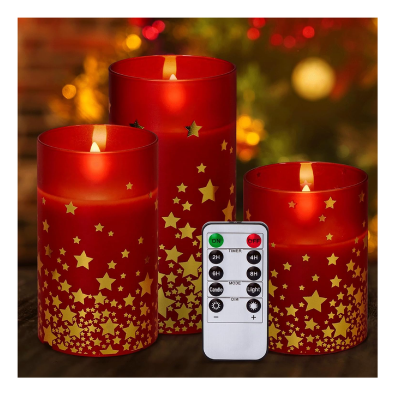 Yongmao Red Christmas Glass Flickering Flameless Candles, Gold Star Candle Battery Operated with Remote Set of 3 Real Wax Pillar Candles for Christmas Home Party Decoration(D 3” X H 4” 5” 6”)