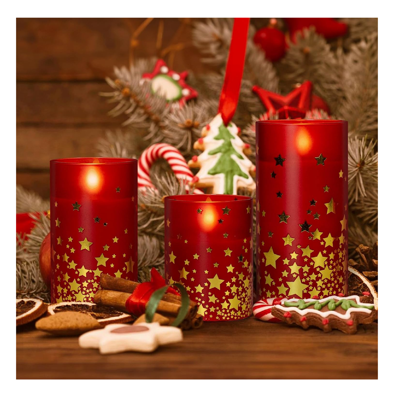 Yongmao Red Christmas Glass Flickering Flameless Candles, Gold Star Candle Battery Operated with Remote Set of 3 Real Wax Pillar Candles for Christmas Home Party Decoration(D 3” X H 4” 5” 6”)