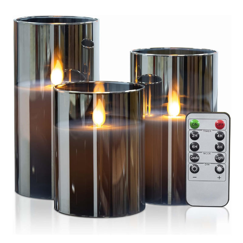 Yongmao Gray Glass Flameless Candles Battery Operated Flickering LED Pillar Candles Real Wax with 10-Key Remote and Timer for Home Decoration D3 x H4 5" 6" (Set of 3)