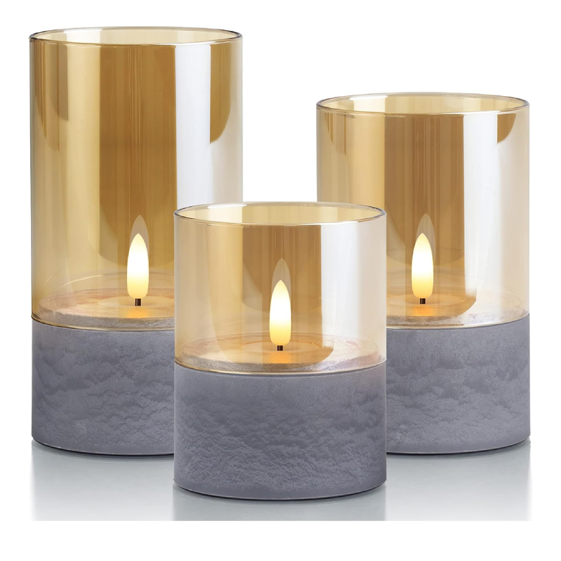 Yongmao Gold Glass Flameless Candles Battery Operated Flickering LED Pillar Candles Marbling Fake Candles with Timer for Home Decor D 3" H 4" 5" 6" (Set of 3)