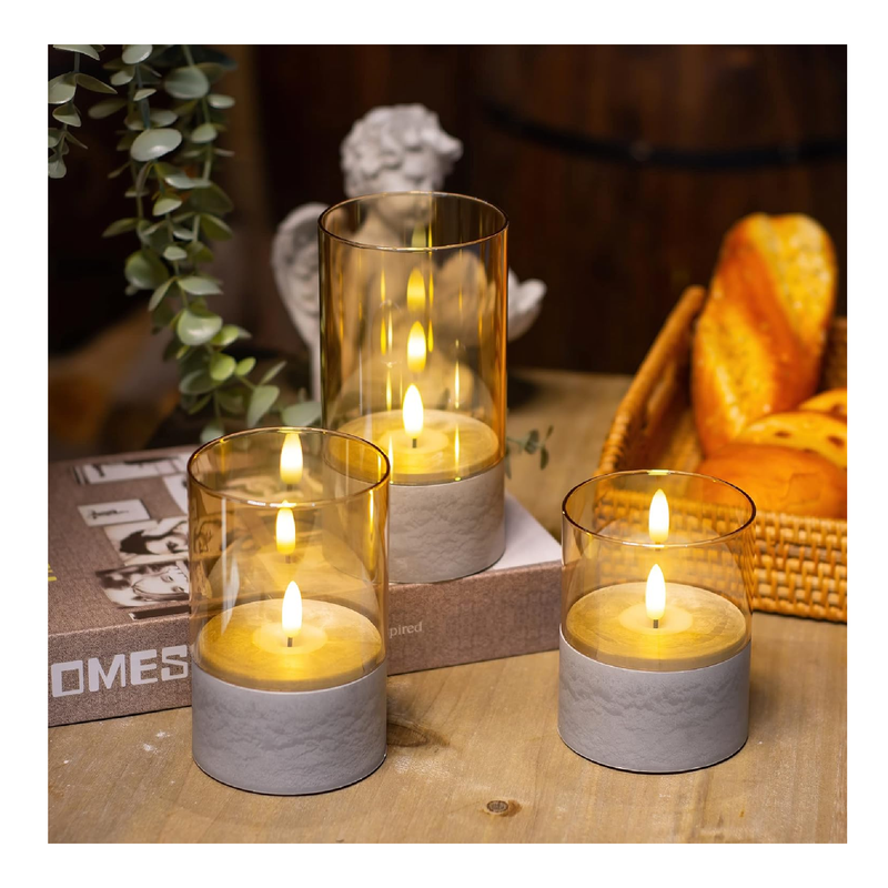 Yongmao Gold Glass Flameless Candles Battery Operated Flickering LED Pillar Candles Marbling Fake Candles with Timer for Home Decor D 3" H 4" 5" 6" (Set of 3)