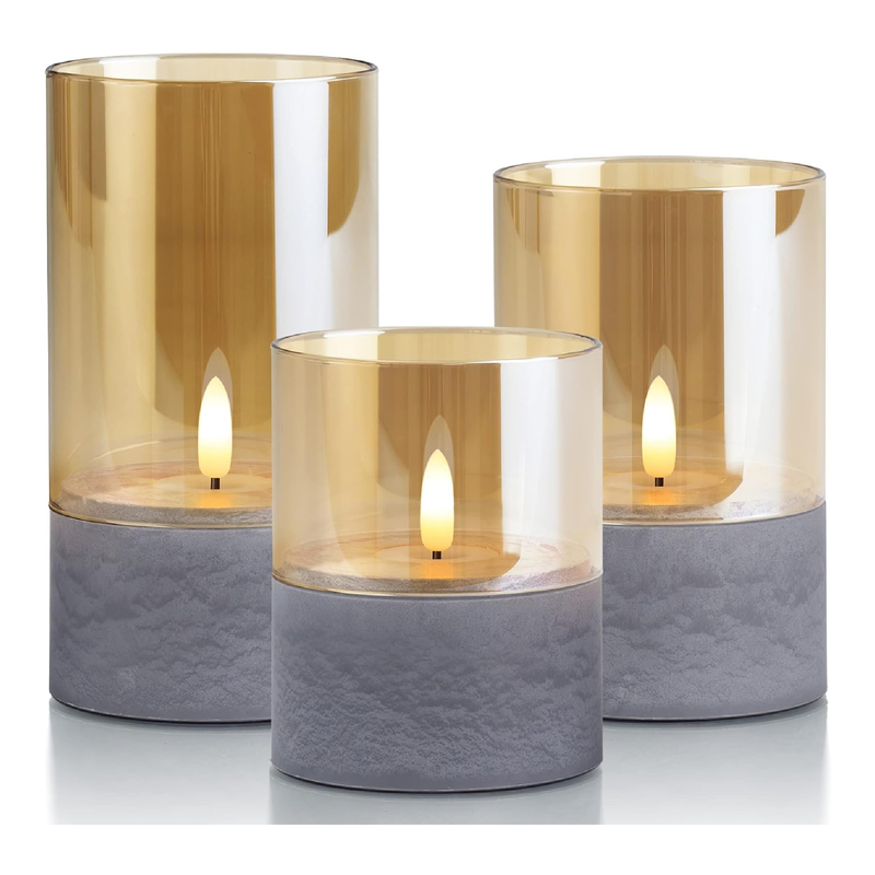 Yongmao Gray Glass Flameless Candles Battery Operated Flickering LED Pillar Candles Marbling Fake Candles with Timer for Home Decor D 3" H 4" 5" 6" (Set of 3)