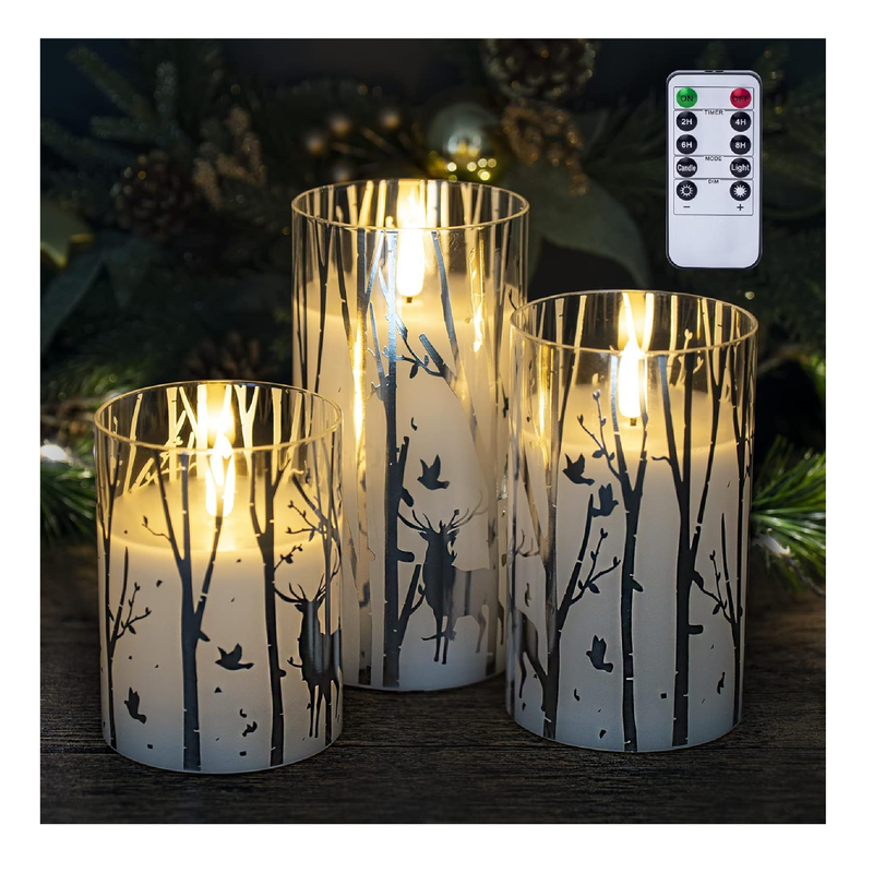 Yongmao Christmas Glass Flickering Flameless Candles, Elk Tree Snowflake Candle Battery Operated with Remote Timer Set of 3 Real Wax Pillar Candles for Christmas Home Decoration(D 3” X H 4” 5” 6”)