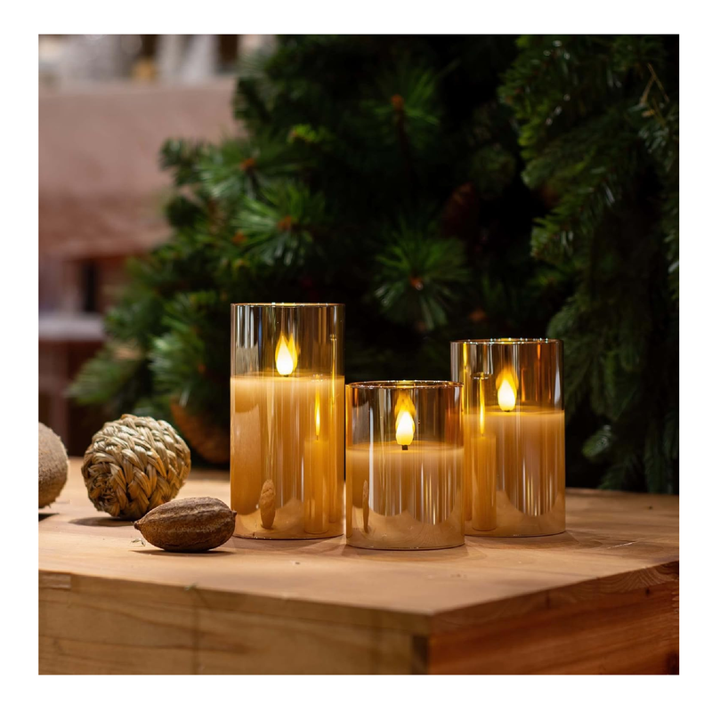 Yongmao Gold Glass Flameless Candles Real Wax Battery Operated Flickering 3D Wick LED Pillar Candles with 10-Key Remote for Home Decoration D3 x H4 5" 6" (Set of 3)