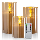 Yongmao Gold Glass Flameless Candles Real Wax Battery Operated Flickering 3D Wick LED Pillar Candles with 10-Key Remote for Home Decoration D3 x H4 5" 6" (Set of 3)