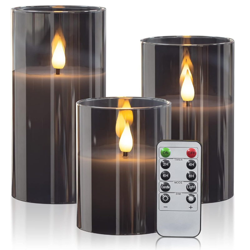 Yongmao Gray Glass Flameless Candles Real Wax Battery Operated Flickering 3D Wick LED Pillar Candles with 10-Key Remote for Home Decoration D3 x H4 5" 6" (Set of 3)