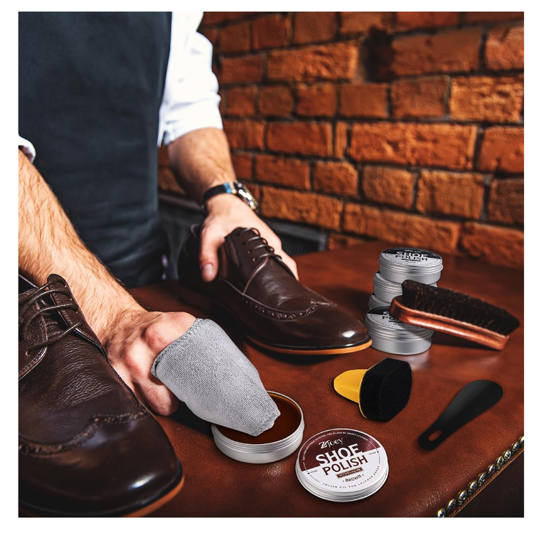 17Pcs Leather Shoe Polish Set Travel Boots Shine Care Kit Horsehair Brushes for Men Him Husband Dad (Style A)