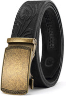 CHAOREN Men's Leather Ratchet Belt | Bronze Gold / Full Grain Flower Black | 35mm — 1