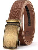 CHAOREN Men's Leather Ratchet Belt | Bronze Gold / Full Grain Flower Brown | 35mm — 1