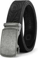 CHAOREN Men's Leather Ratchet Belt | Bronze Silver / Full Grain Flower Black | 35mm — 1