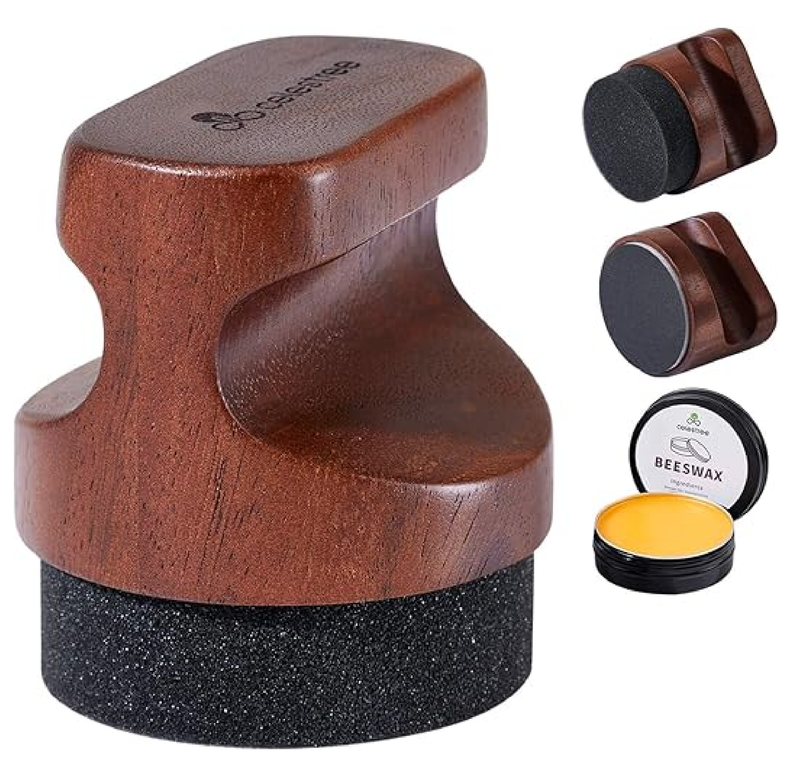 Food Grade Cutting Board Care Kit - Reusable Sponges & Sandpapers, Soild Wood Handle Applicator, 7oz Beeswax Wax