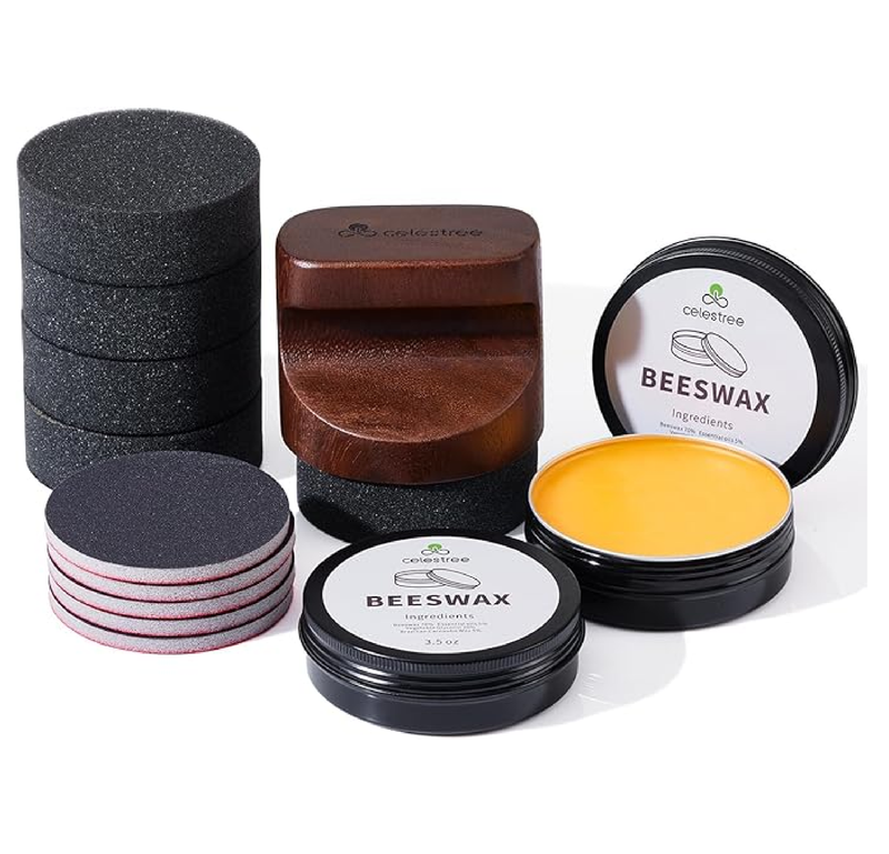 Food Grade Cutting Board Care Kit - Reusable Sponges & Sandpapers, Soild Wood Handle Applicator, 7oz Beeswax Wax