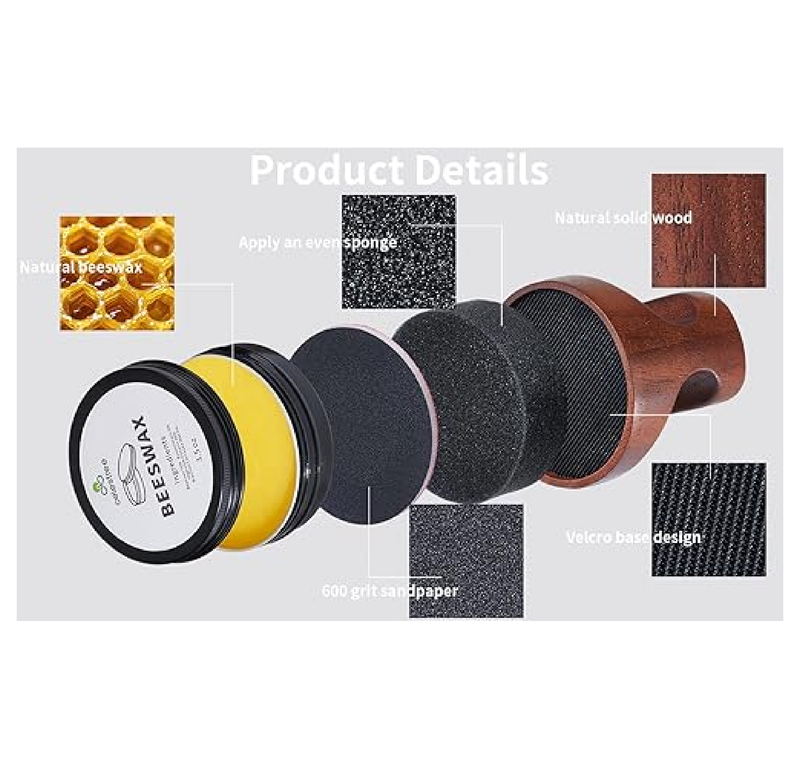 Food Grade Cutting Board Care Kit - Reusable Sponges & Sandpapers, Soild Wood Handle Applicator, 7oz Beeswax Wax