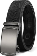 CHAOREN Men's Leather Ratchet Belt | Electroplated Silver / Full Grain Flower Black | 35mm — 1