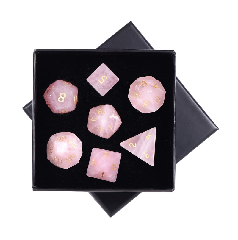 mookaitedecor 7 PCS Rose Quartz Crystal Polyhedral DND Dice Set Polished Tumbled