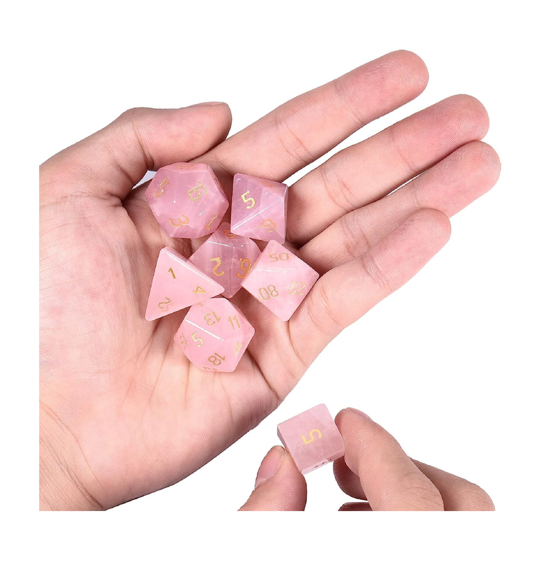 mookaitedecor 7 PCS Rose Quartz Crystal Polyhedral DND Dice Set Polished Tumbled