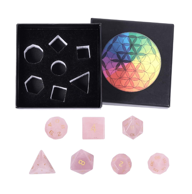 mookaitedecor 7 PCS Rose Quartz Crystal Polyhedral DND Dice Set Polished Tumbled