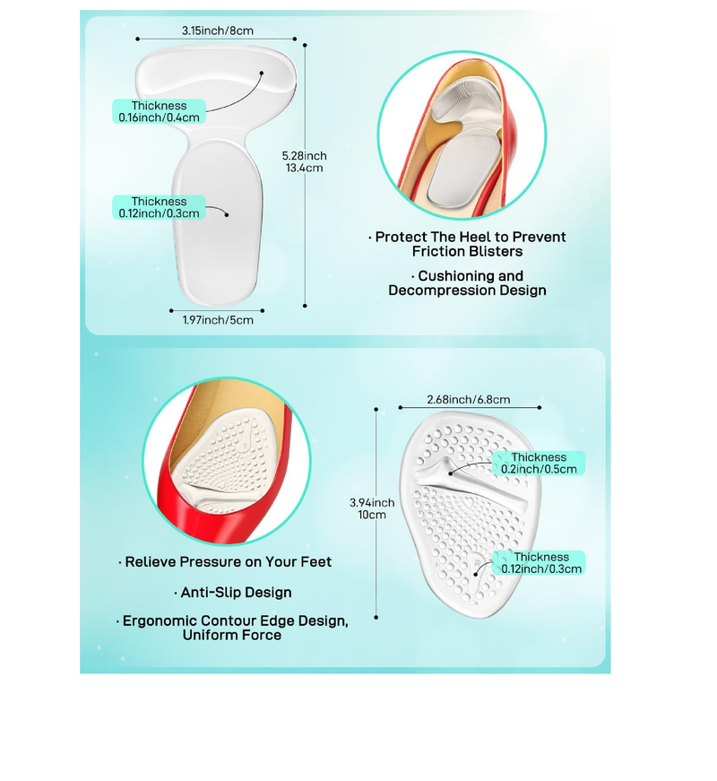 10PCS High Heel Comfort Pad Inserts, Silicone Shoe Cushion Insoles Heel Grips Liner Metatarsal Pads for Women