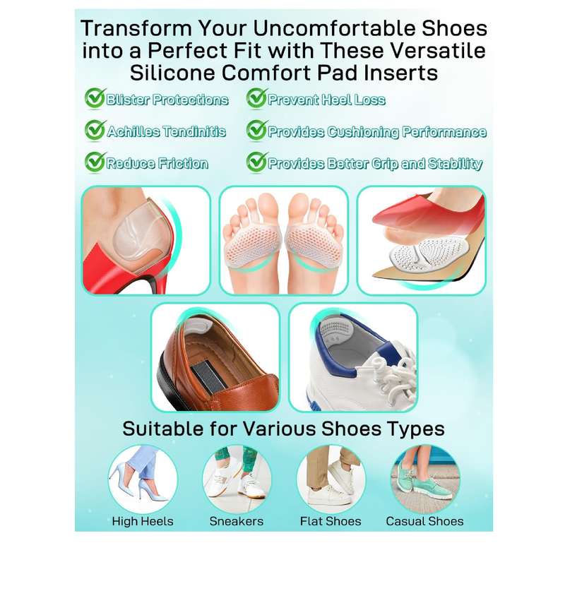 10PCS High Heel Comfort Pad Inserts, Silicone Shoe Cushion Insoles Heel Grips Liner Metatarsal Pads for Women