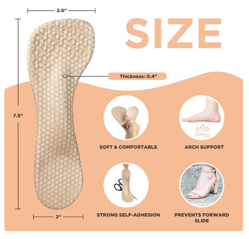 3/4 High Heel Cushion Insoles, Self-Adhesive Arch Support Inserts for Flat Feet and Arch Pain Relief,