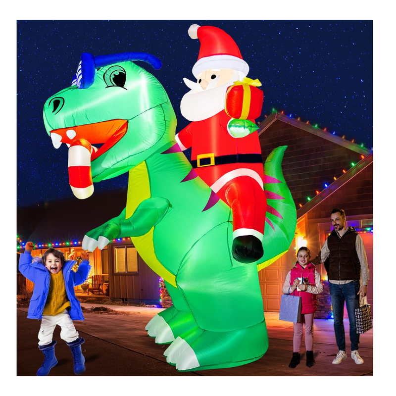 zukakii 8FT Dinosaur Christmas Inflatable Decorations with LED Lights, Santa Ride on Dinosaur Outdoor Christmas Decor Blow Up Yard Clearance Decor with Sandbags Stakes Strings for Outdoor Indoor Party