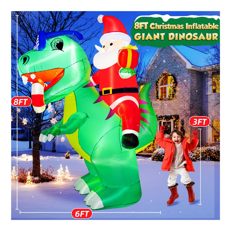 zukakii 8FT Dinosaur Christmas Inflatable Decorations with LED Lights, Santa Ride on Dinosaur Outdoor Christmas Decor Blow Up Yard Clearance Decor with Sandbags Stakes Strings for Outdoor Indoor Party