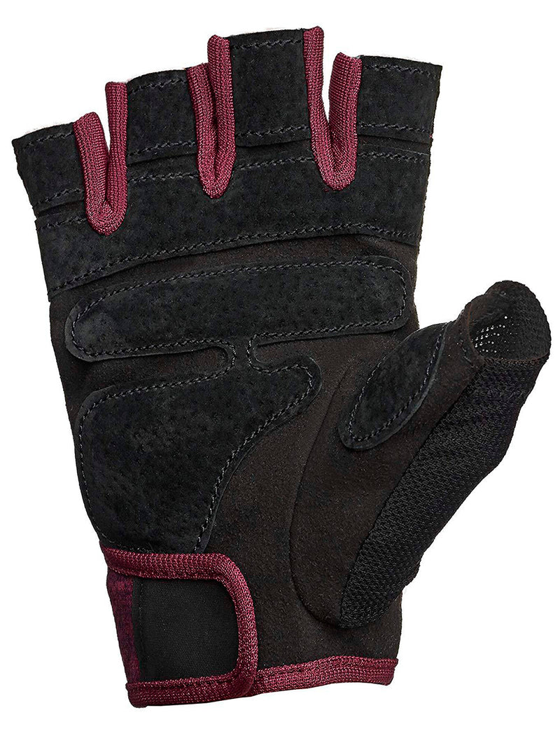 Harbinger Women's FlexFit Wash and Dry Weightlifting Gloves with Padded Leather Palm | Color Black and Merlot | Pair
