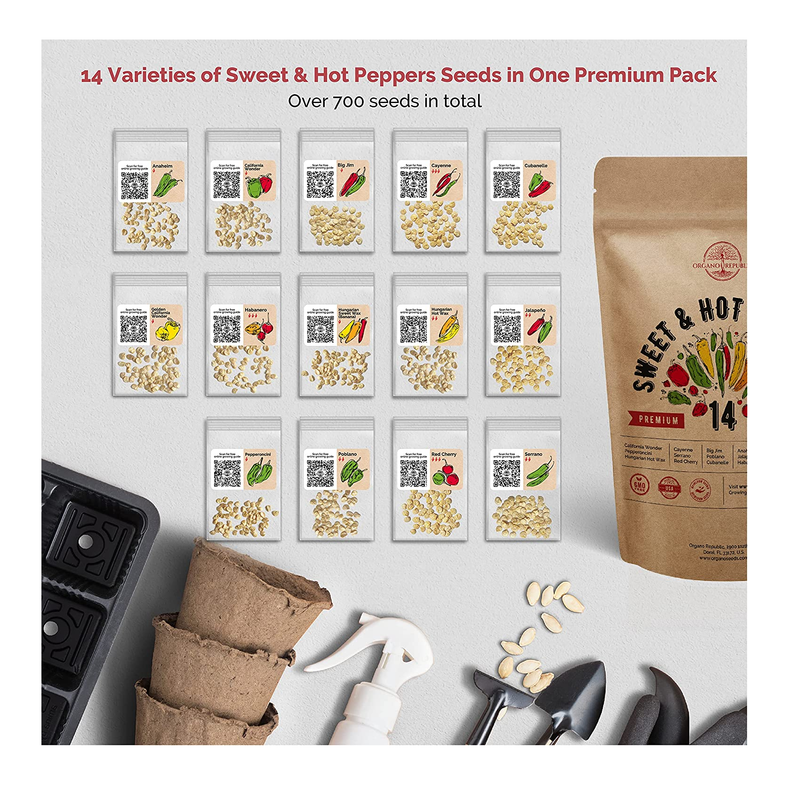 14 Sweet & Hot Peppers Seeds Variety Pack 700 Seeds Non-GMO Peppers Seeds