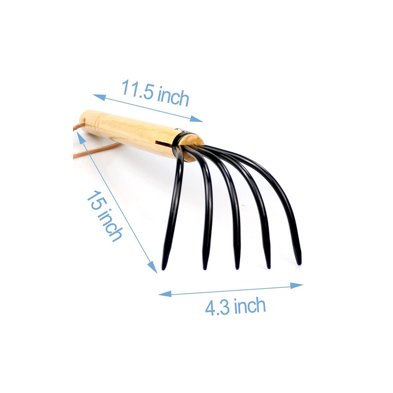 15" Gardeners Claw Rake | Military Grade Steel 6 Tines and Prime Wood