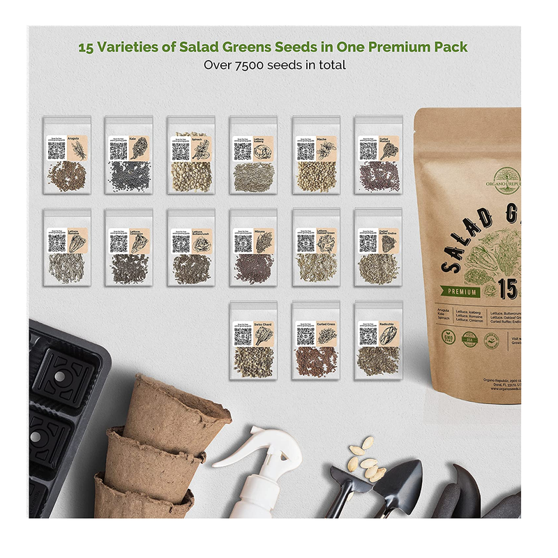 15 Lettuce & Salad Greens Seeds Variety Pack 7500+ Non-GMO Heirloom Lettuce Seeds for Planting Indoors & Outdoors Garden