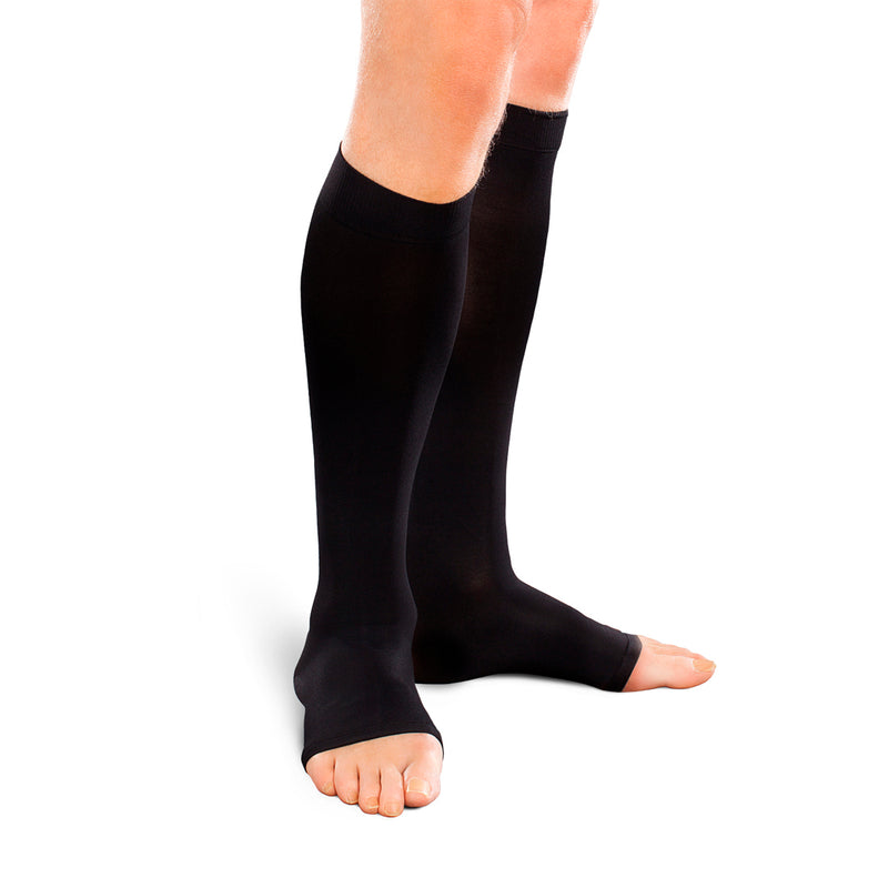 EASE Opaque Moderate Support Unisex Open Toe Knee High 20 - 30 MMHG Black Small Long - One Pair (